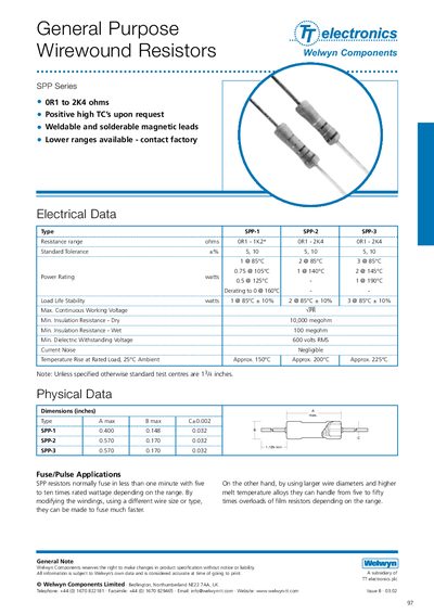 Welwyn Components SPP Series General Purpose Wirewound Resistors Handbook - cover page