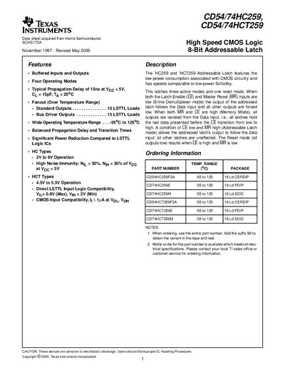 TEXAS INSTRUMENTS CD54/74HC259/CD54/74HCT259 High Speed CMOS Logic 8-Bit Addressable Latch handbook