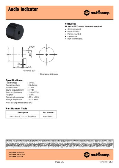 MULTICOMP Audio Indicator Datasheet - cover page