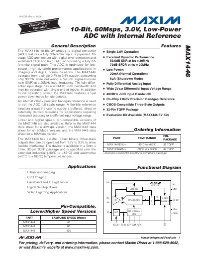 Maxim MAX1446 10-Bit 60Msps 3.0V Low-Power ADC Datasheet - cover page
