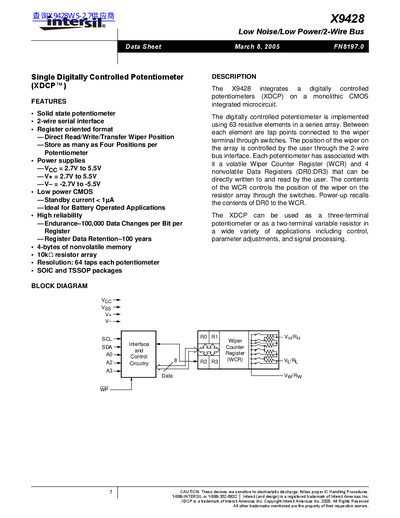 intersil X9428 Low Noise/Low Power/2-Wire Bus handbook
