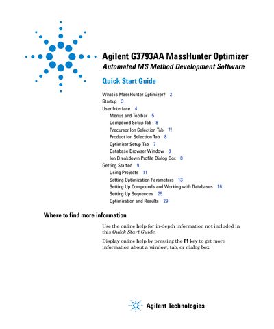 Agilent G3793AA MassHunter Optimizer Manual - cover page