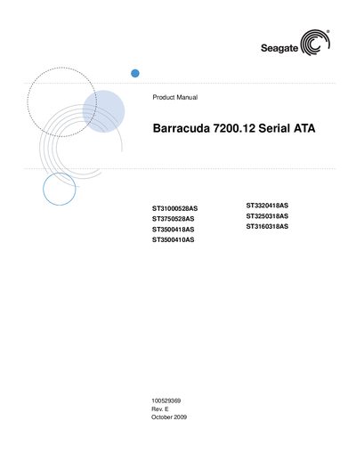 seagate Barracuda 7200.12 Serial AT ST31000528AS ST3750528AS ST3500418AS ST3500410A ST3320418AS ST3250318AS ST3160318AS Manual - cover page