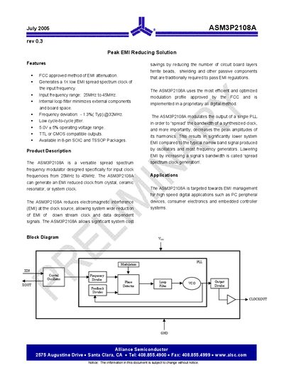 Alliance Semiconductor ASM3P2108A Spread Spectrum Frequency Modulator Datasheet - cover page
