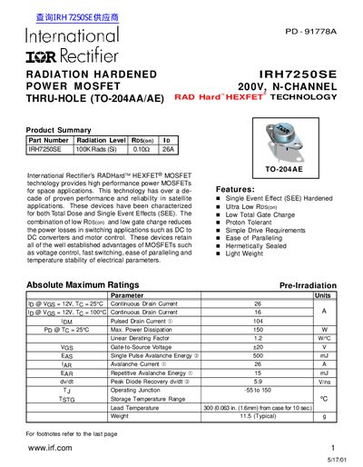 International Rectifier IRH7250SE N-Channel MOSFET Radiation-Hardened Datasheet - cover page
