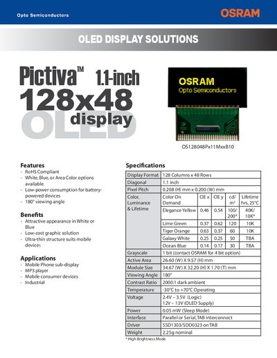 OSRAM Pictiva 1.1" 128x48 OLED Display Mechanical Dimensions and Pin Description - cover page