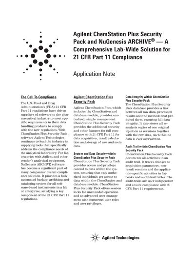 Agilent ChemStation Plus Security Pack and NuGenesis ARCHIVE Application Note for 21 CFR Part 11 Compliance - cover page