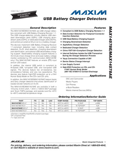 Maxim MAX14578E/MAX14578AE USB Battery Charger Detector Datasheet - cover page