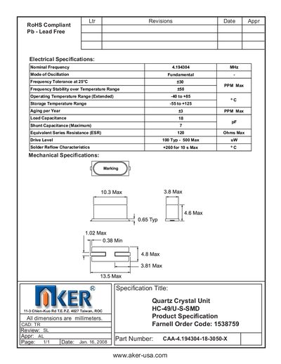 AKER - aker-usa.com 11-3 Chien-Kuo Rd T.E.P.Z. 4027 Taiwan ROC CAA-4.194304-18-3050-X Manual - cover page