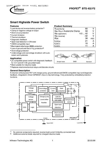 Infineon PROFET BTS432F2 Smart Highside Power Switch Datasheet