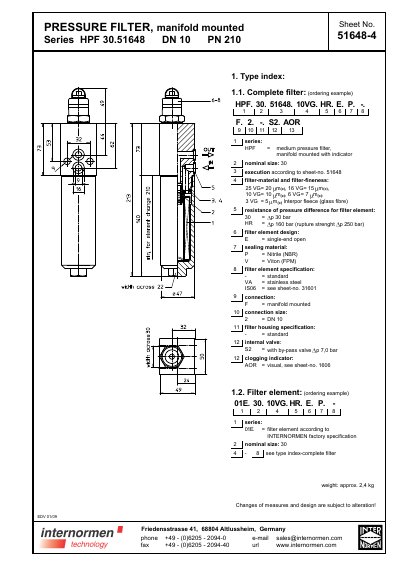 INTERNORMEN HPF 30.51648 Series Pressure Filter Data Sheet - cover page