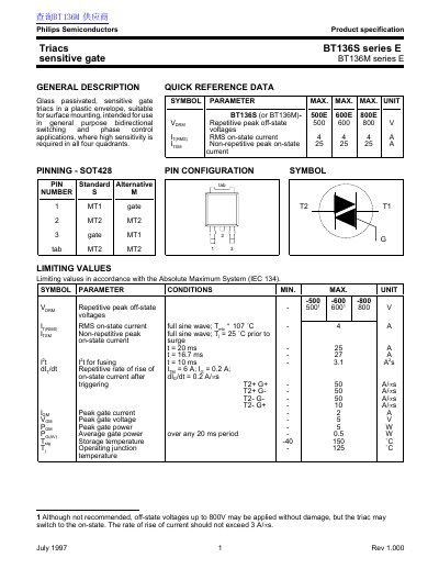 Philips BT136S/BT136M Series Triac Datasheet - cover page