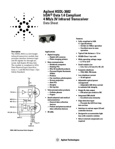 Agilent HSDL-3602 Infrared Transceiver Data Sheet - cover page