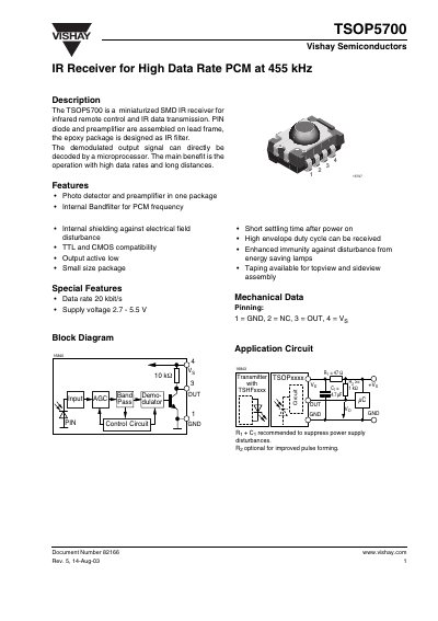 Vishay TSOP5700 IR Receiver Handbook - cover page