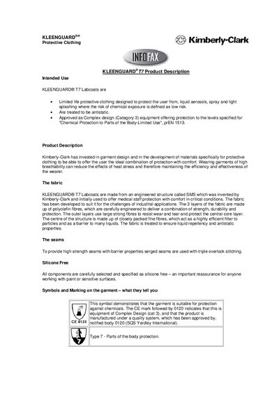 Kimberly-Clark KLEENGUARD T7 Labcoat Product Description - cover page