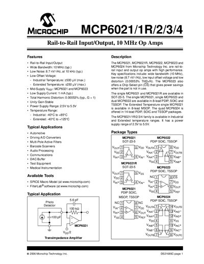 MICROCHIP MCP6021/1R/2/3/4 Data Sheet1 - cover page