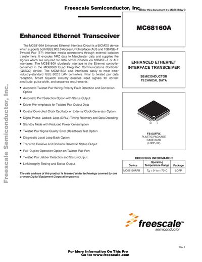 Freescale MC68160A Enhanced Ethernet Transceiver Datasheet - cover page