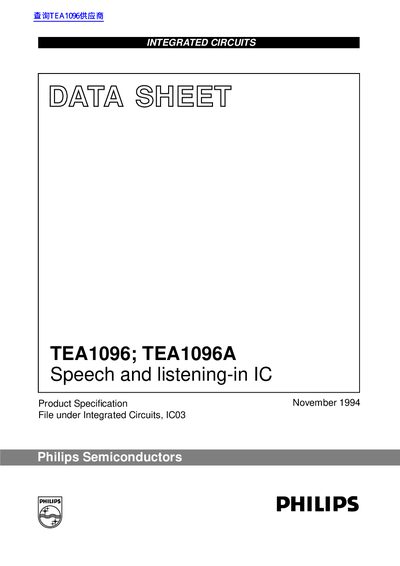 Philips TEA1096/TEA1096A Speech and Listening-in IC Datasheet - cover page