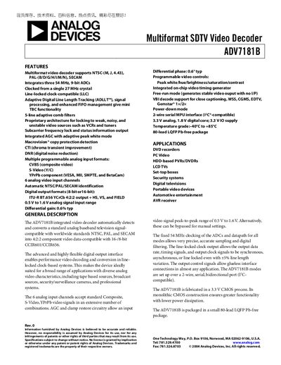 Analog Devices ADV7181B Video Decoder Datasheet - cover page