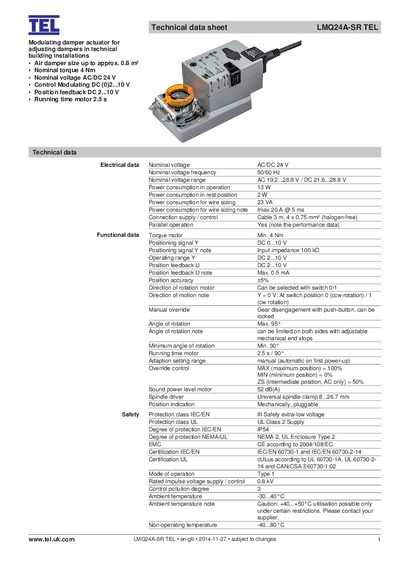 TEL LMQ24A‑SR Modulating Damper Actuator Datasheet