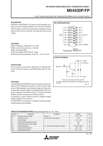 Mitsubishi Semiconductor M54530P/FP Darlington Transistor Array Datasheet - cover page