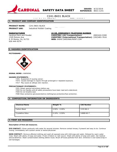 Cardinal Paint C241-BK01 BLACK #16-34-04 Safety Data Sheet - cover page