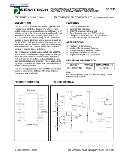 Semtech SC1153 Programmable Synchronous DC/DC Controller Datasheet - cover page