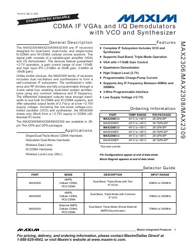 Maxim MAX2306/MAX2308/MAX2309 CDMA IF VGA and I/Q Demodulator Datasheet - cover page