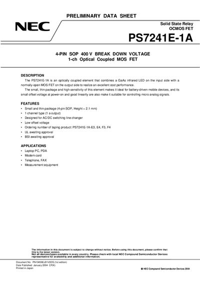 NEC PS7241E-1A 4-PIN SOP 400 V BREAK DOWN VOLTAGE 1-ch Optical Coupled MOS FET  - cover page