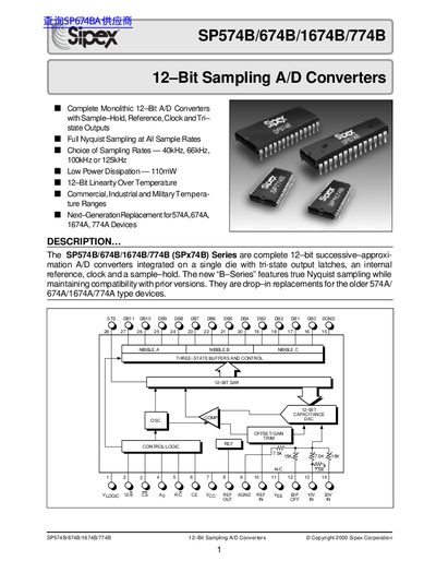 Sipex SP574B/674B/1674B/774B 12-Bit Sampling A/D Converters Datasheet - cover page