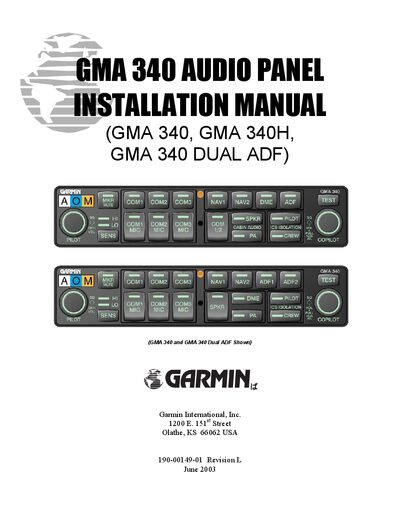 Garmin GMA 340 Audio Panel Installation Manual - cover page