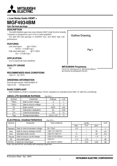 Mitsubishi Electric MGF4934BM Low Noise GaAs HEMT Datasheet - cover page