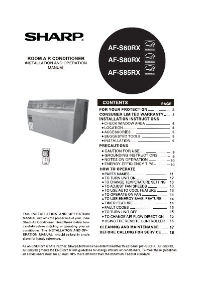 SHARP room air conditioner AF-S60RX AF-S80RX AF-S85RXManual - cover page