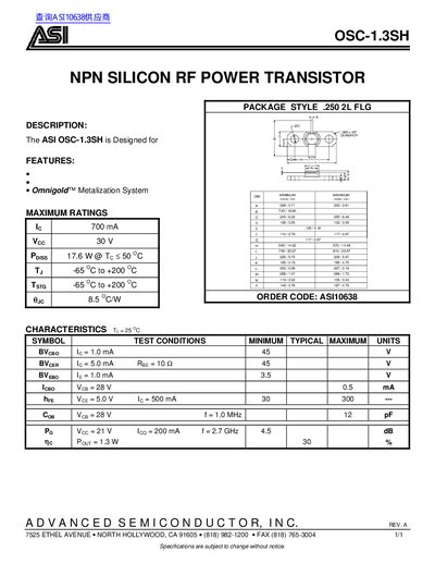 ASI OSC-1.3SH NPN Silicon RF Power Transistor Datasheet - cover page