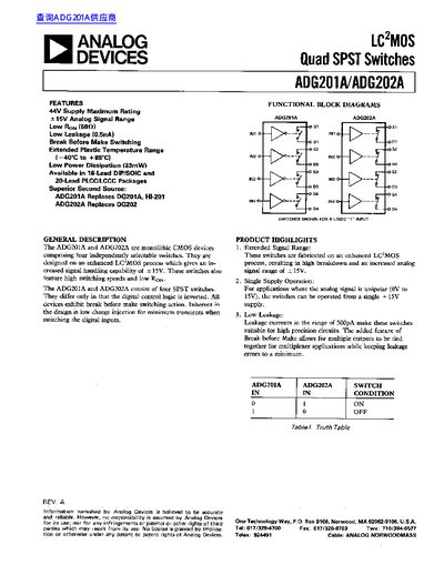 ANALOG DEVICES ADG201A/ADG202A LC2MOS quad SPST Switches handbook
