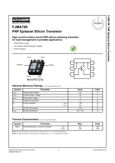 Fairchild FJMA790 PNP Epitaxial Silicon Transistor Datasheet - cover page