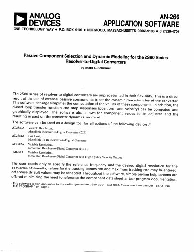 Analog Devices AN-266 Passive Component Selection and Dynamic Modeling for the 2S80 Series Resolver-to-Digital Converter