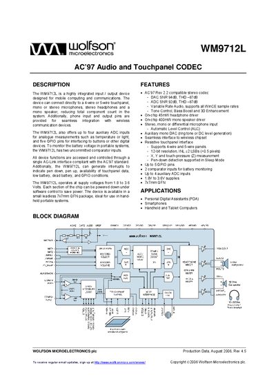 Wolfson Microelectronics WM9712L Audio and Touchpanel CODEC Datasheet - cover page