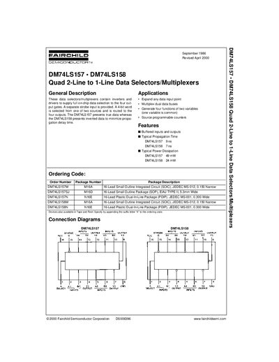 Fairchild Semiconductor DM74LS157 / DM74LS158 Quad 2-Line to 1-Line Data Selectors Datasheet