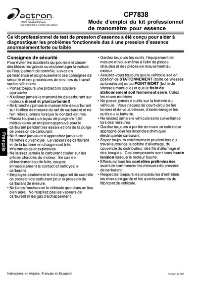 Actron CP7838 Professional Fuel Pressure Test Kit User Manual - cover page