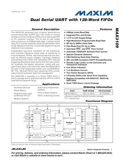 Maxim MAX3109 Dual Serial UART with 128-Word FIFOs Datasheet - cover page