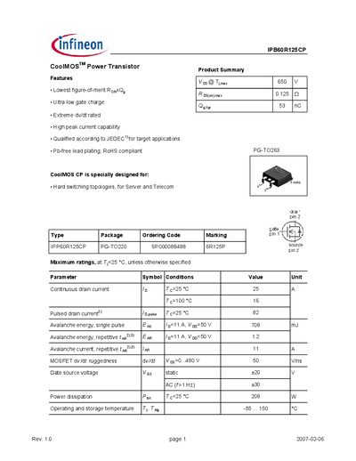 Infineon IPB60R125CP CoolMOS Power Transistor Datasheet - cover page