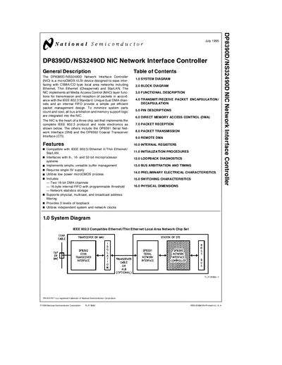 National Semiconductor DP8390D/NS32490D NIC Network Interface Controller Datasheet - cover page