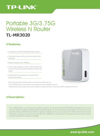 TP-Link TL-MR3020 Portable 3G/3.75G Wireless N Router User Guide - cover page