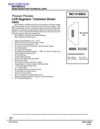 Motorola MC141800A LCD Segment/Common Driver Datasheet - cover page