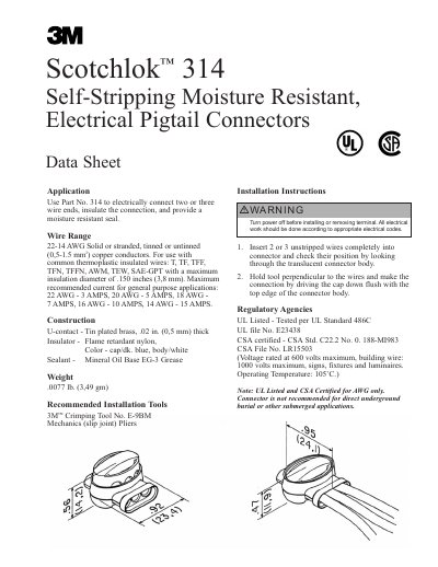 3M 314 Self-Stripping Moisture Resistant Electrical Pigtail Connectors Data Sheet - cover page