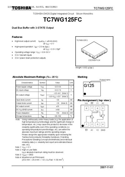 Toshiba TC7WG125FC Dual Bus Buffer Datasheet - cover page