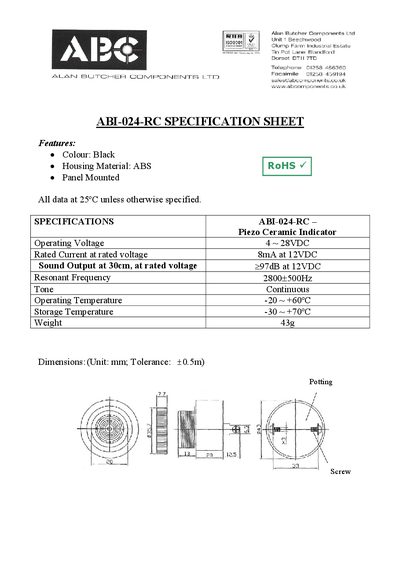 Alan Butcher Components ABI-024-RC Piezo Indicator Specification Sheet - cover page