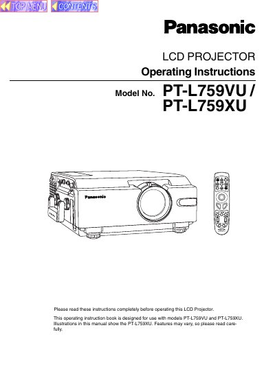 Panasonic PT-L759VU/PT-L759XU LCD Projector Operating Instructions - cover page
