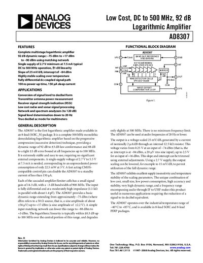 Analog Devices AD8307 Logarithmic Amplifier Datasheet - cover page